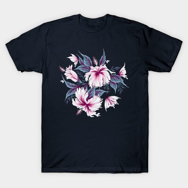 Hibiscus Butterflies - Light Blue Pink T-Shirt by andreaalice